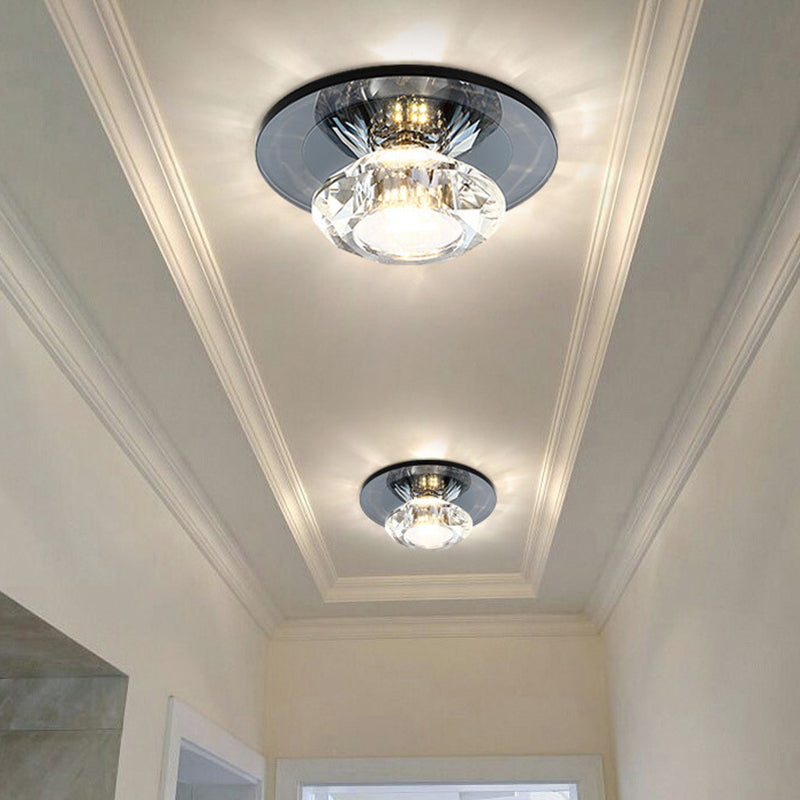 LED Porch Semi Flush Mount Light Simple Black/Tan Ceiling Lighting with Circle Clear Crystal Shade, Warm/White Light