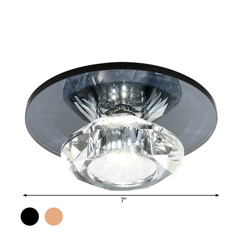 LED Porch Semi Flush Mount Light Simple Black/Tan Ceiling Lighting with Circle Clear Crystal Shade, Warm/White Light