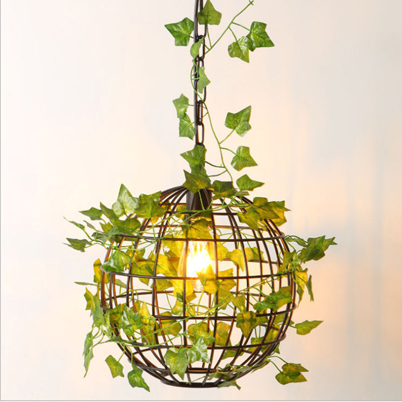Orb Cage Metal Ceiling Light Antiqued 1 Head Dining Room Pendant Lamp in Black with Artificial Leaf Deco
