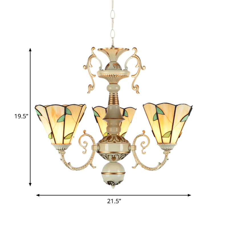 Beige Glass Leaf Pendant Light Traditional 3 Lights Foyer Chandelier Lamp with Adjustable Chain