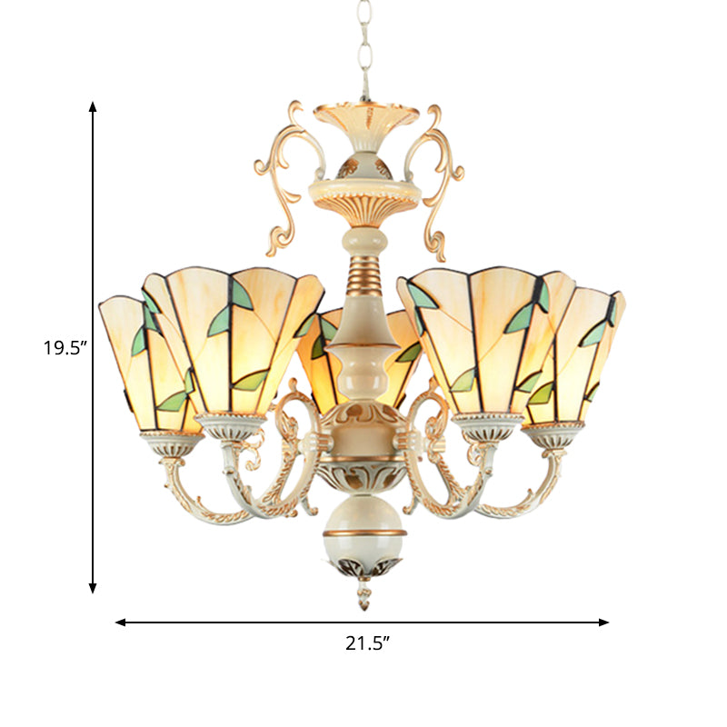 5 Lights Cone Ceiling Chandelier Stained Glass Tiffany Suspension Light with Leaf Pattern in Beige