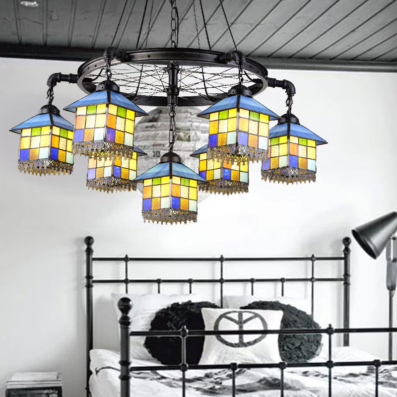 7 Lights House Chandelier Light Lodge Colorful Glass Pendant Light with Black Wheel for Library