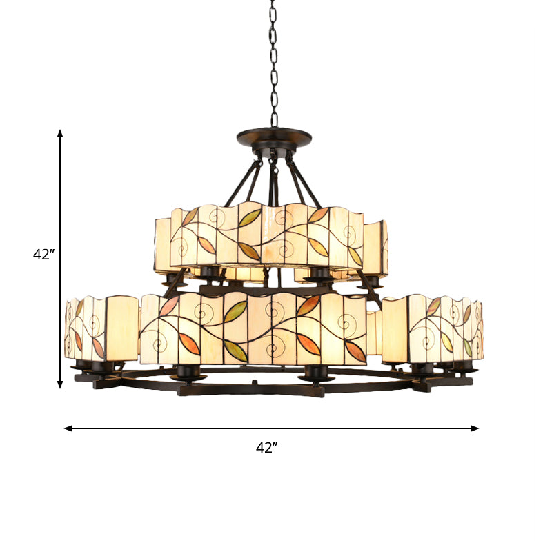 2 Tiers Leaf Suspension Light with Metal Chain Stained Glass Traditional Chandelier in Black Finish