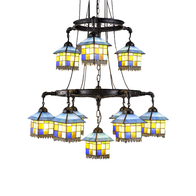 Stained Glass House Suspension Light Lodge Style 2 Tiers Chandelier in Black for Living Room