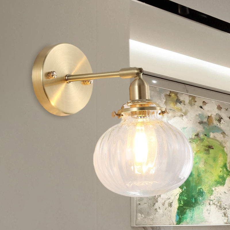 1 Kopfwand montierte Lampe Kolonialkugel Klar/Cognac Prismatic Glass Leuchte Beleuchtung in Gold