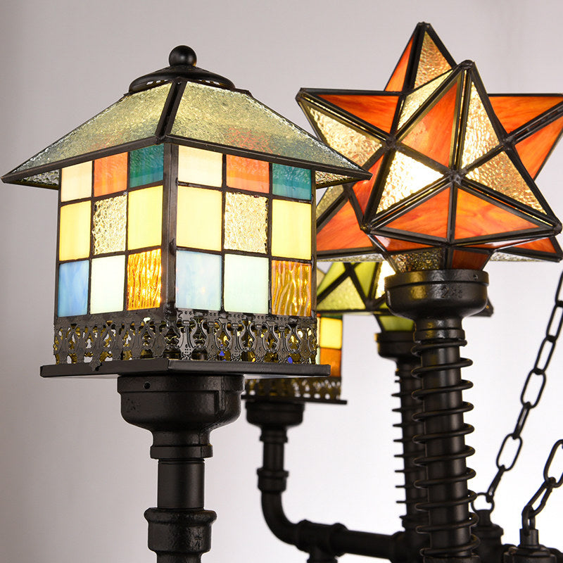 Stained Glass Chandelier with House and Star Rustic Antique Hanging Ceiling Light for Living Room