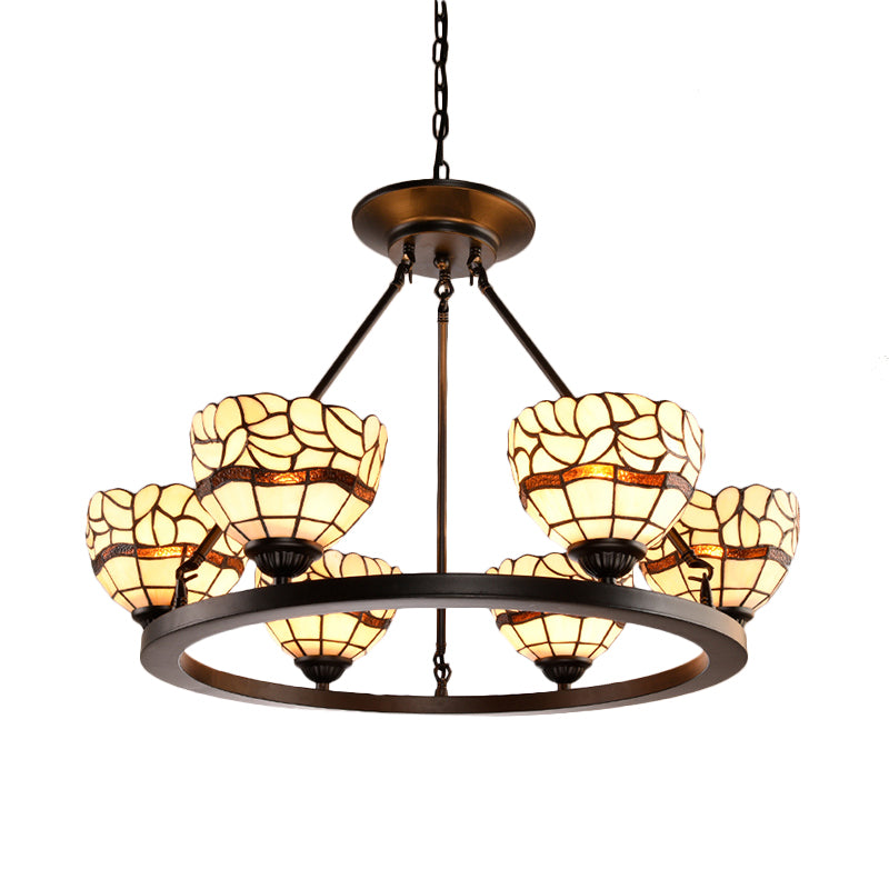 Beige Glass Bowl Chandelier with Adjustable Chain 6 Lights Rustic Hanging Ceiling Light in Beige