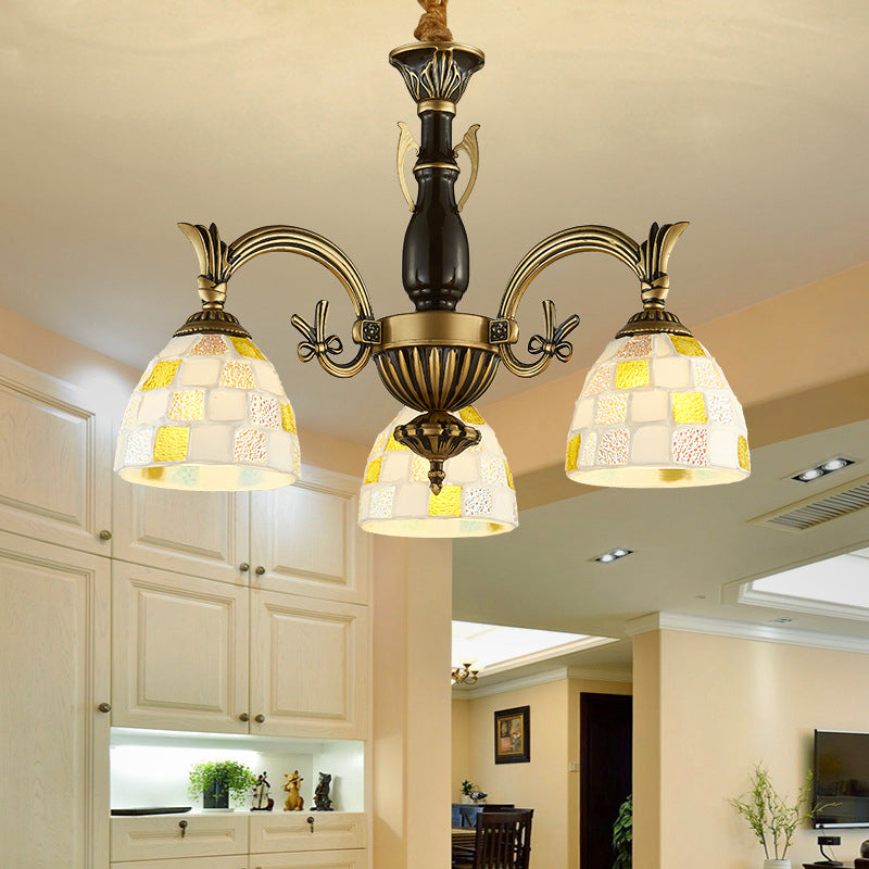 Shell Dome Suspension Lamp with Curved Arm 3 Lights Traditional Pendant Light for Foyer