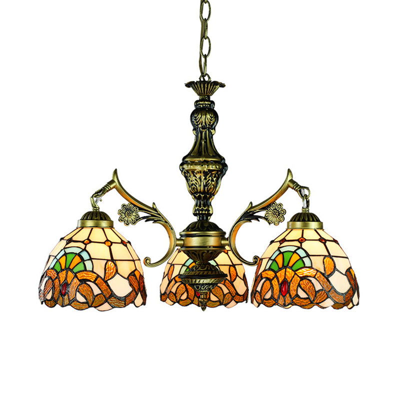 Gebrandschilderd glas koepelvormige lamp barokstijl 3 lichten hangend licht in antiek messing