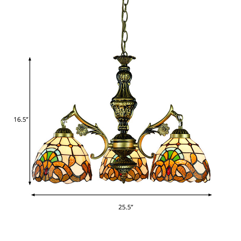 Stained Glass Domed Pendant Lamp Baroque Style 3 Lights Hanging Light in Antique Brass