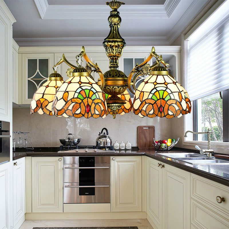 Victorian Dome Chandelier Lighting Stained Glass 5 Lights Indoor Lighting for Dining Table