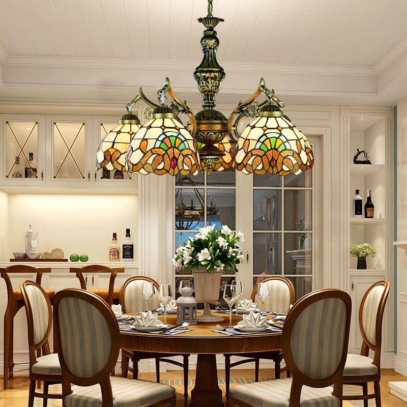 Victorian Dome Chandelier Lighting Stained Glass 5 Lights Indoor Lighting for Dining Table