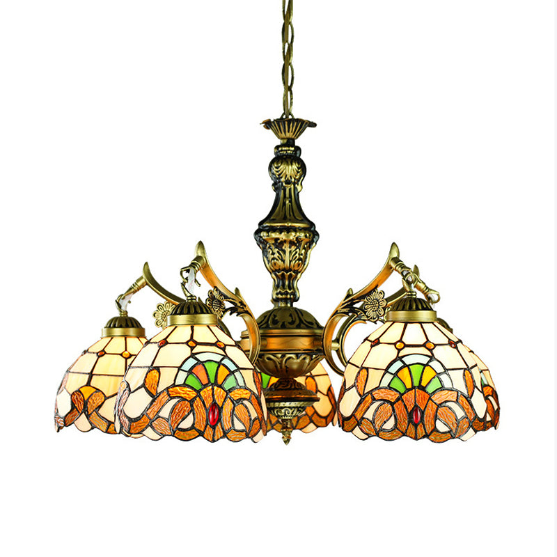 Victorian Dome Chandelier Lighting Stained Glass 5 Lights Indoor Lighting for Dining Table