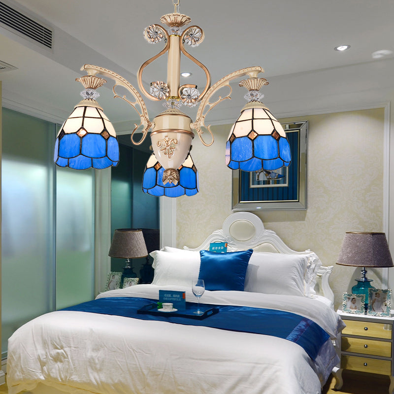 Blue Glass Dome Chandelier with Adjustable Chain 3 Lights Pendant Lighting for Foyer