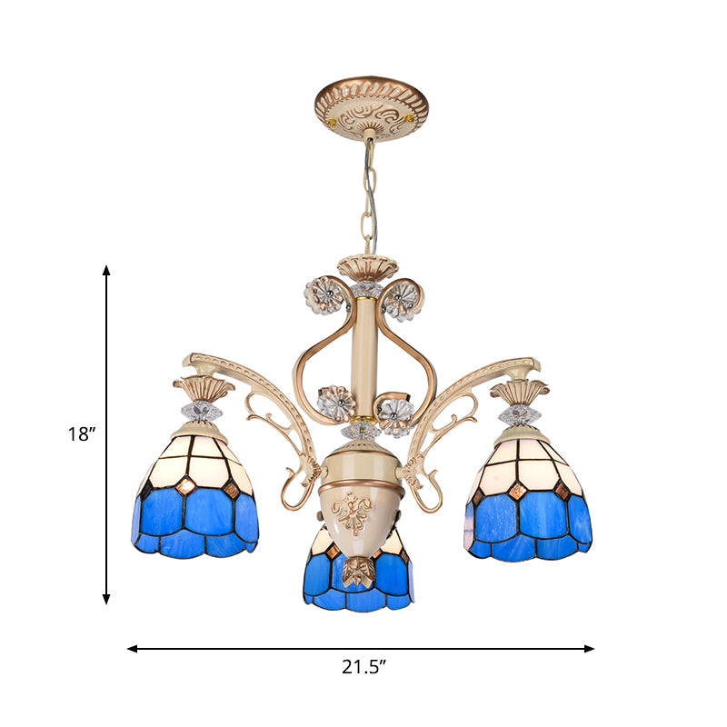 Blue Glass Dome Chandelier with Adjustable Chain 3 Lights Pendant Lighting for Foyer