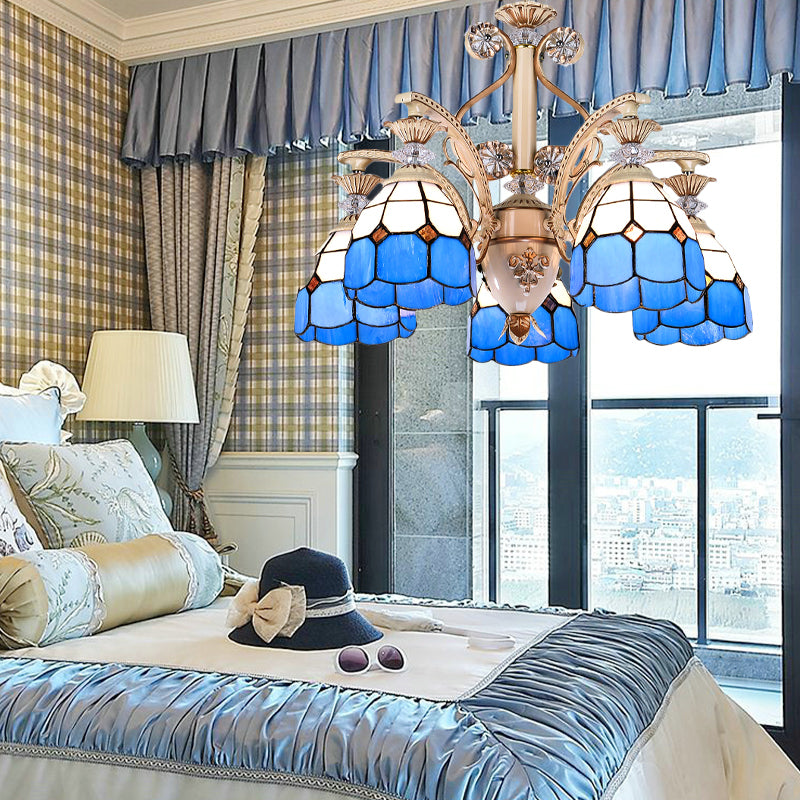 Mediterrane indoor hanglamp met koepelschaduw glas in lood 5 lichten kroonluchter in blauw