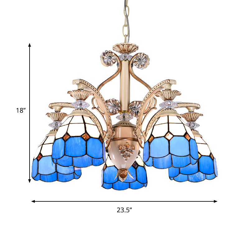 Mediterranean Indoor Pendant Light with Dome Shade Stained Glass 5 Lights Chandelier in Blue