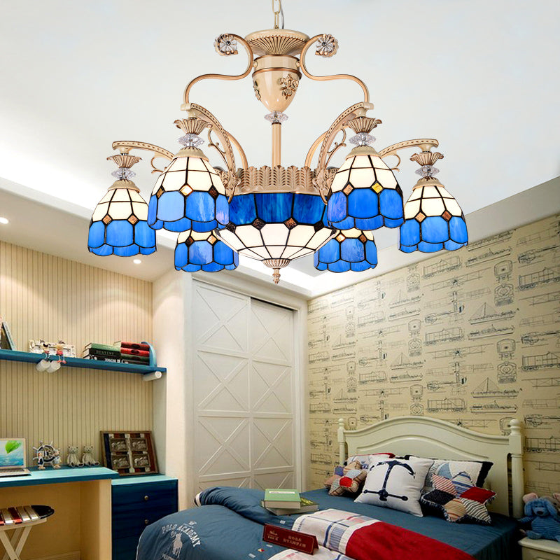 Accensione del lampadario a 9 luci Tiffany Grid a soffitto a soffitto a soffitto in vetro in blu