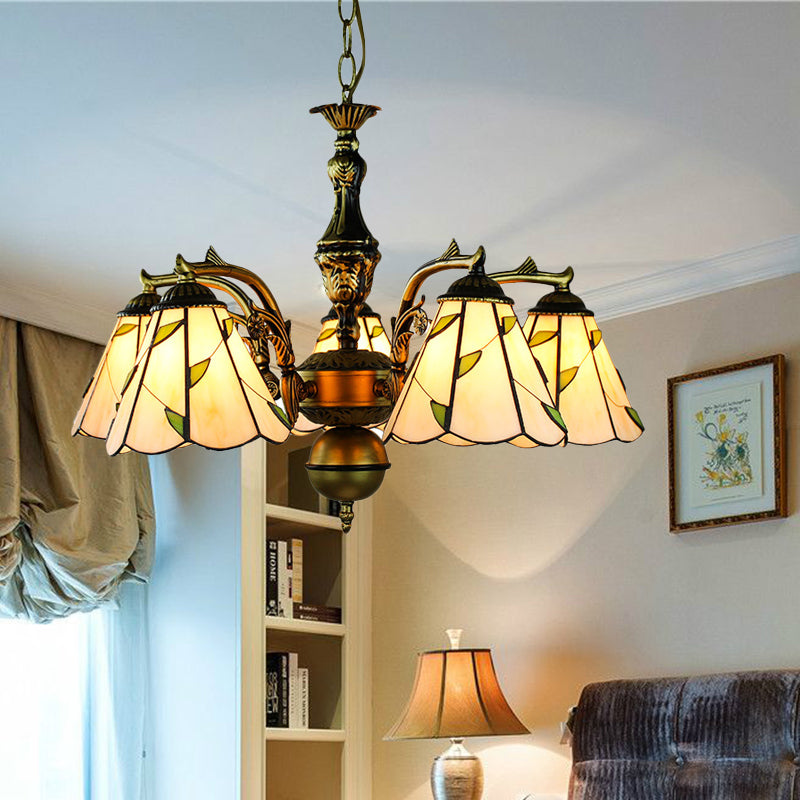 Curved Arm Chandelier Light with Hanging Chain and Leaf Glass Rustic 5 Lights Pendant Lamp in Beige