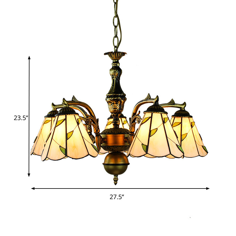 Curved Arm Chandelier Light with Hanging Chain and Leaf Glass Rustic 5 Lights Pendant Lamp in Beige