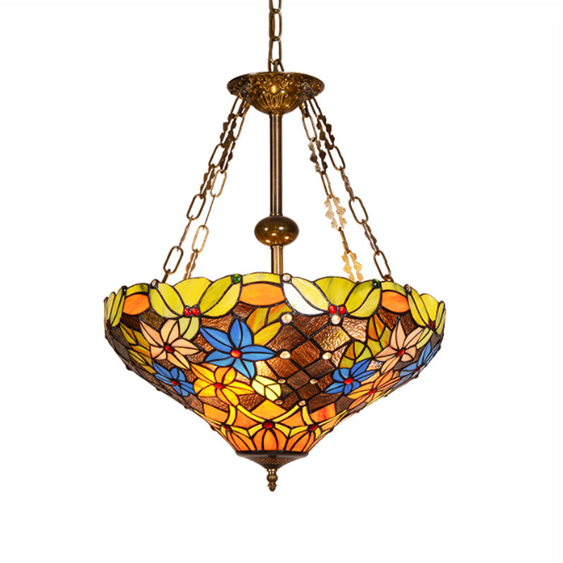 Floral Hanging Light Fixture 3 Bulbs Stained Glass Tiffany Lodge Ceiling Chandelier Light in Antique Brass Finish