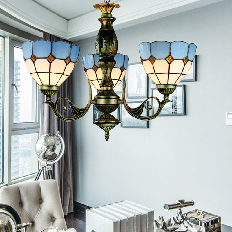 Brass Finish Bowl Chandelier with Metal Chain and Blue Glass Shade Vintage Tiffany 3 Lights Pendant Light