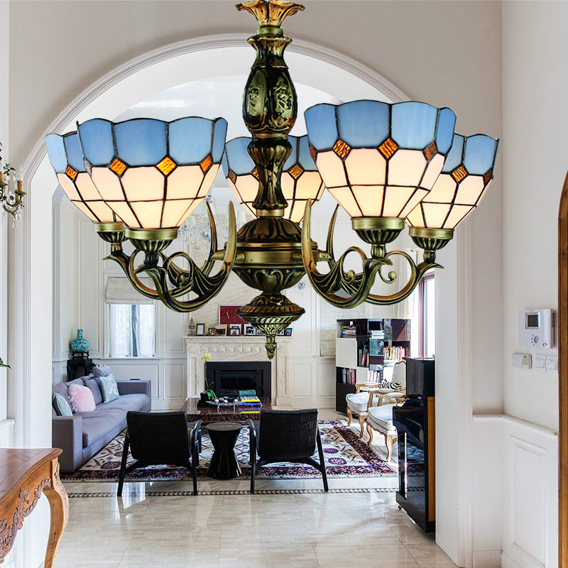 Tiffany Bowl Hanging Ceiling Light Stained Glass 5 Lights Chandelier Lighting for Dining Room