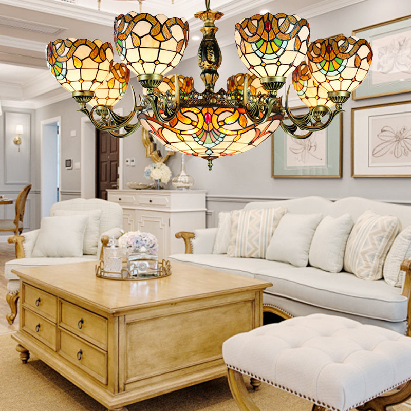 Multi Light Domed Chandelier Lamp with Metal Chain Height Adjustable Stained Glass Pendant Light