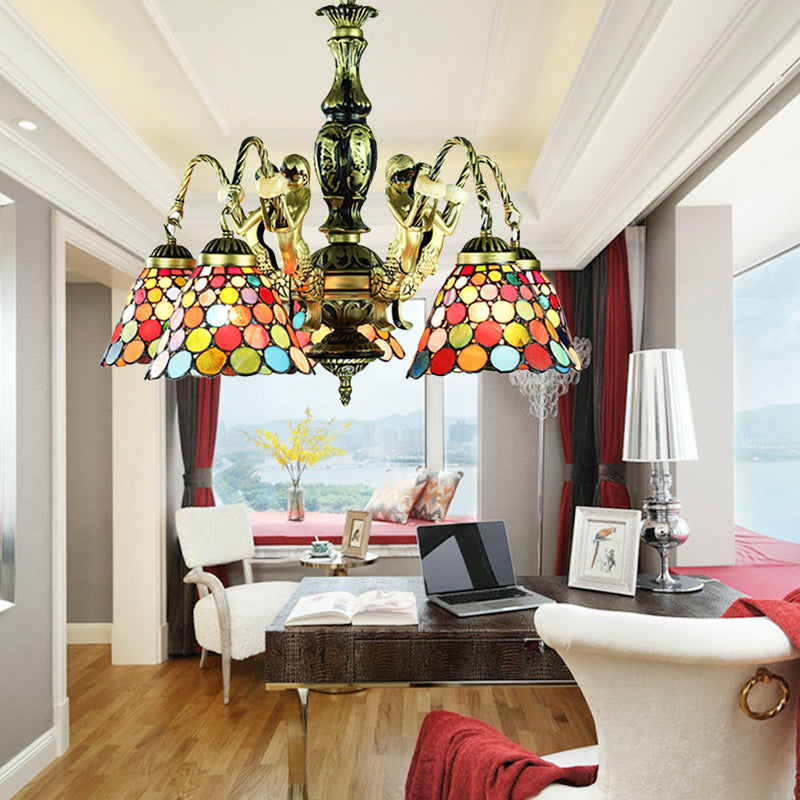 5 Lights Ceiling Light Tiffany Style Bell Shade Stained Glass Hanging Chandelier in Antique Bronze for Bedroom