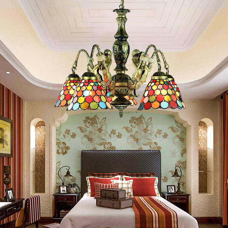 5 Lights Ceiling Light Tiffany Style Bell Shade Stained Glass Hanging Chandelier in Antique Bronze for Bedroom