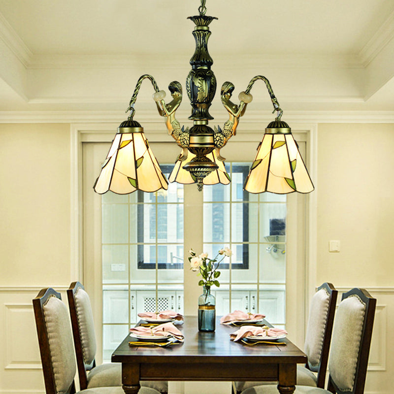 Beige 3 Lights Chandelier Light Fixture Tiffany Cut Glass Mermaid Pendant Lamp for Dining Room