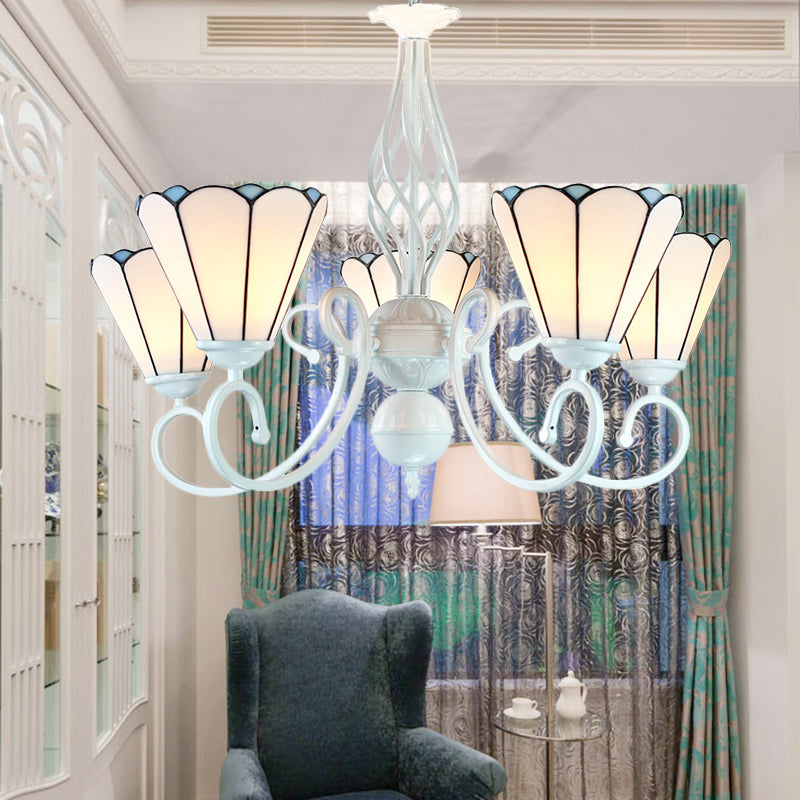 5 Lights Cone Chandelier with Adjustable Chain White Glass Traditional Pendant Light for Bedroom