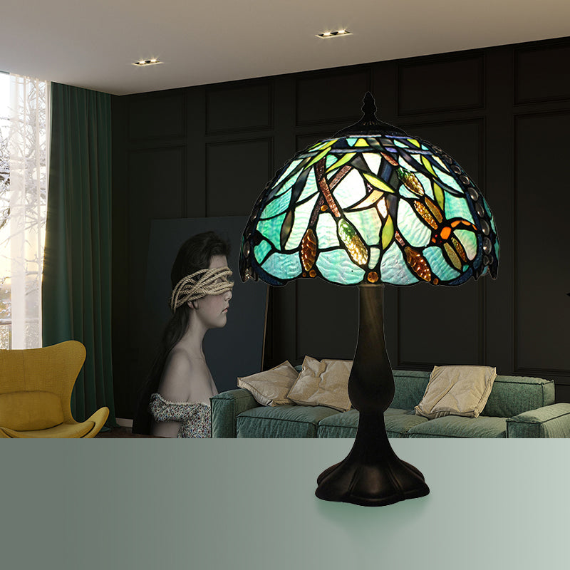 Restaurant Plug In Desk Light Stained Glass 1 Head Tiffany Rustic Reading Light with Peacock Tail/Dragonfly Design in Green
