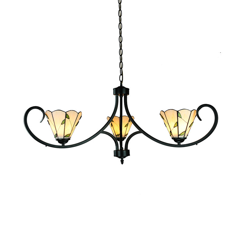Rustic Leaf Foyer Pendant Light with Cone Shade and 14" Chain Adjustable 3 Lights Beige Glass Chandelier