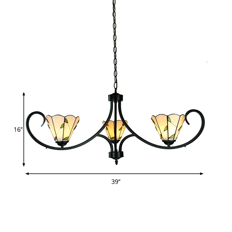 Rustic Leaf Foyer Pendant Light with Cone Shade and 14" Chain Adjustable 3 Lights Beige Glass Chandelier