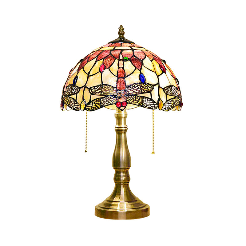 Antique Tiffany Dome Desk Light avec fleur bleue / libellule / papillon 2 lumières Table de vitrail clair pour la chambre