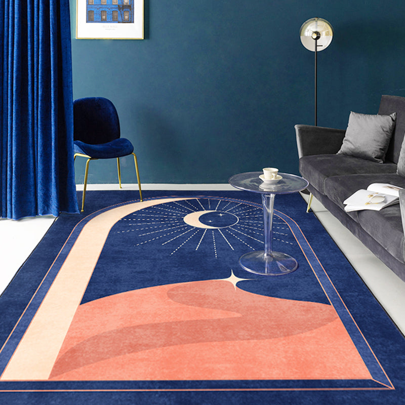 Blue Moon Pattern Rug Polyester Modern Rug Washable Anti-Slip Pet Friendly Area Rug for Living Room