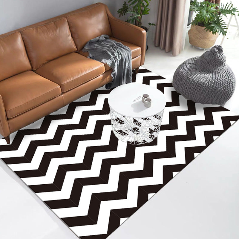 Stylish Black Modernist Rug Polyester Geometric and Stripe Pattern Rug Washable Pet Friendly Non-Slip Carpet for Living Room