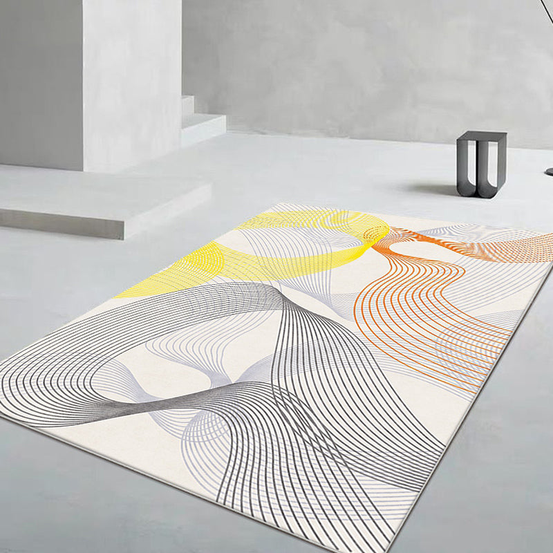 Modernist Swirl Stripe Pattern Rug Grey and Yellow Polyester Rug Non-Slip Backing Washable Pet Friendly Carpet for Home