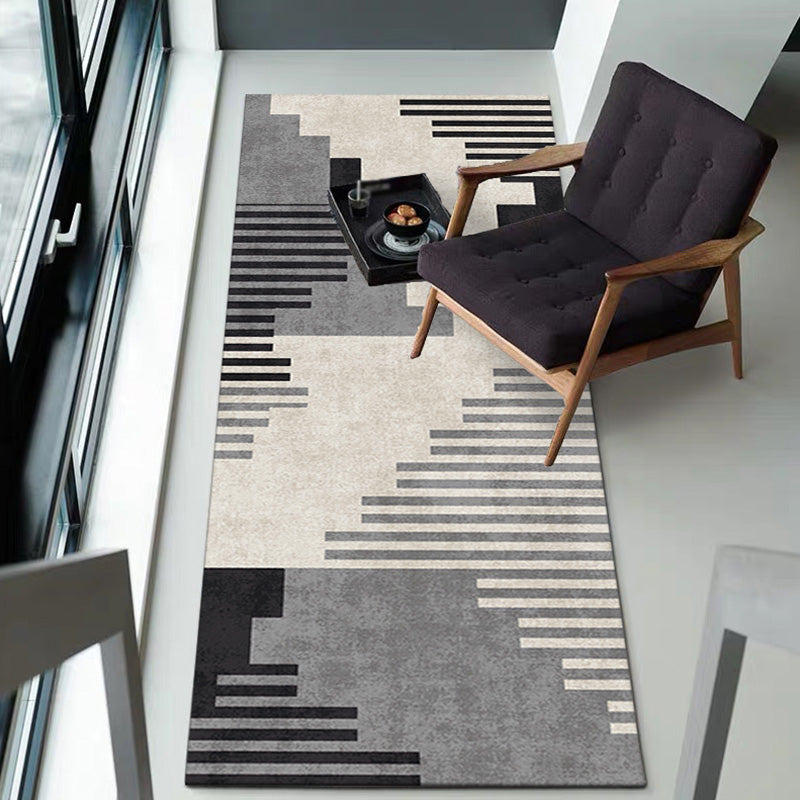Grey Geometric Pattern Rug with Stripe Polyester Modern Rug Washable Anti-Slip Pet Friendly Area Rug for Living Room