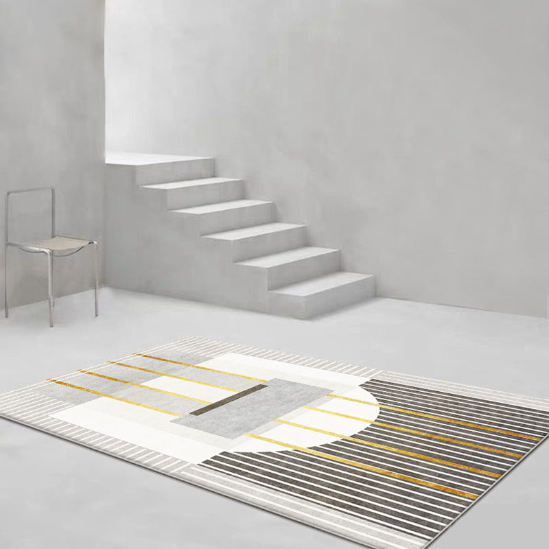Novelty Geometric Pattern Rug with Stripe Grey and Green Polyester Rug Non-Slip Backing Washable Pet Friendly Carpet for Home