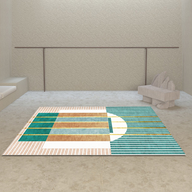 Novelty Geometric Pattern Rug with Stripe Grey and Green Polyester Rug Non-Slip Backing Washable Pet Friendly Carpet for Home