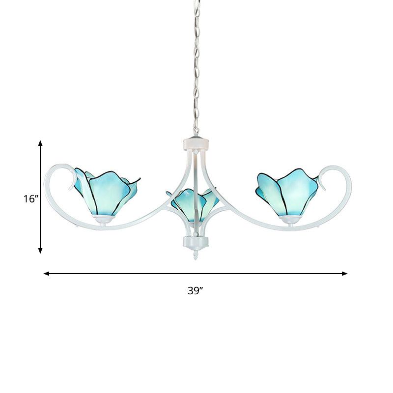 Stained Glass Petal Chandelier Light with Metal Chain Tiffany Rustic 3 Lights Foyer Pendant Light in Blue
