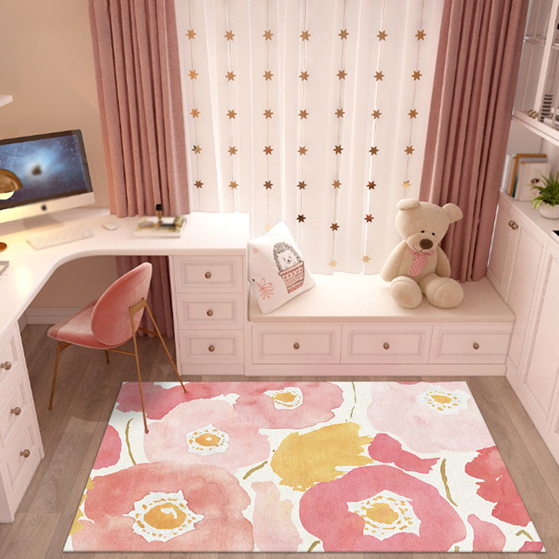 Pink Multicolor Floral Pattern Rug Polyester Contemporary Rug Washable Anti-Slip Pet Friendly Area Rug for Living Room