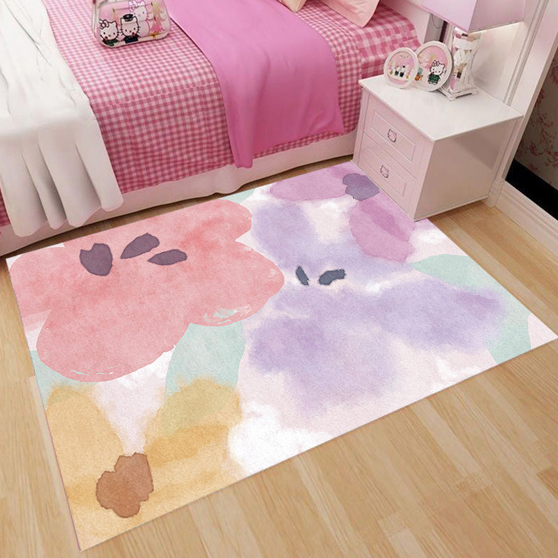 Pink Multicolor Floral Pattern Rug Polyester Contemporary Rug Washable Anti-Slip Pet Friendly Area Rug for Living Room