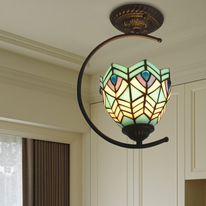 Vitrail Paon Semi Plafonnier Une Lumière Tiffany Plafonnier Créatif en Bleu pour Café