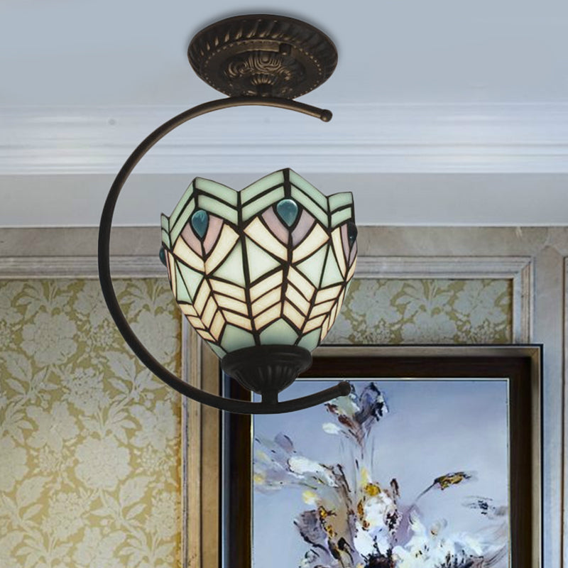 Vitrail Paon Semi Plafonnier Une Lumière Tiffany Plafonnier Créatif en Bleu pour Café