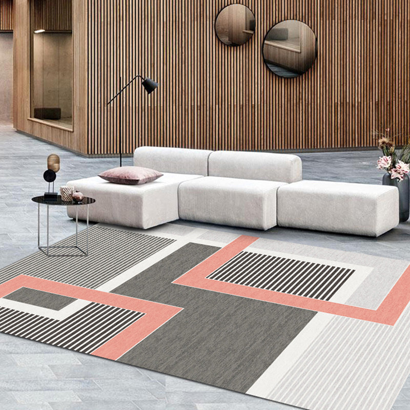 Contemporary Geometric Pattern Rug with Stripe Grey Polyester Rug Non-Slip Backing Washable Pet Friendly Carpet for Bedroom