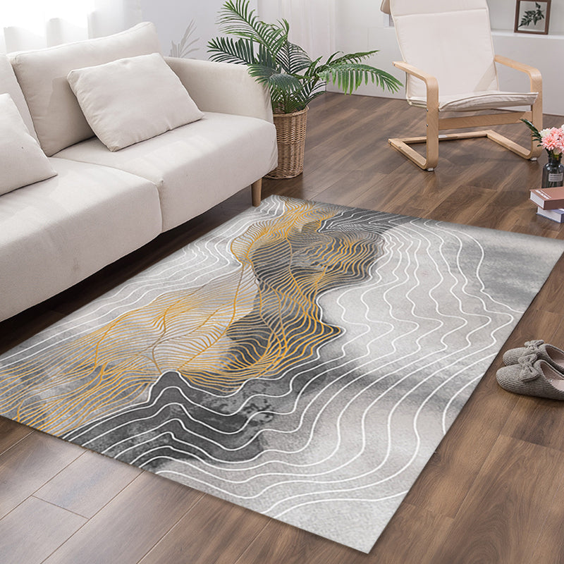 Grey Swirl Stripe Pattern Rug Polyester Modern Rug Washable Anti-Slip Pet Friendly Area Rug for Living Room