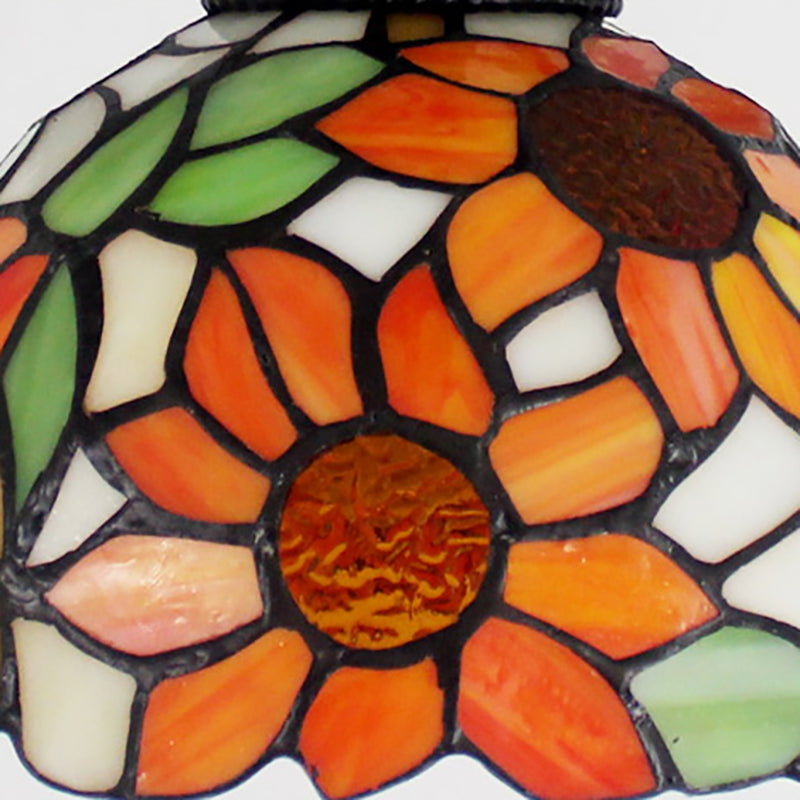 Tiffany Domed Semi Flush Mount Light with Wheel 1 Bulb Stained Glass Ceiling Light in Orange/Beige for Bedroom